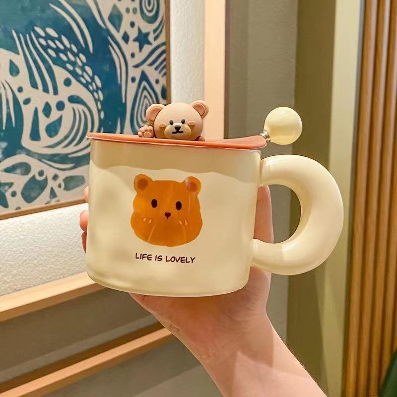 French milk fufu bear mug with lid spoon girls household cute ceramic cup couple breakfast coffee cup