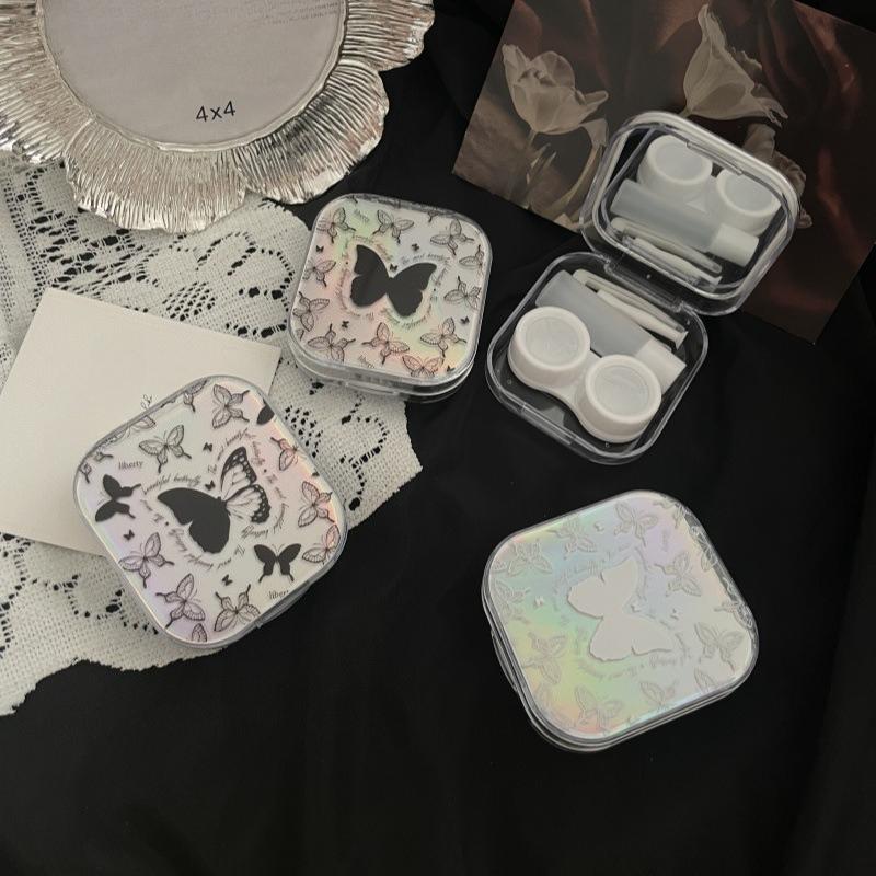 Laser Butterfly Pattern Square Lens Container Women Eye Contacts Lens Case Color Contact Lenses Storage Box Portable Travel Set