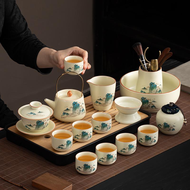 Chinese Ru Kiln High-end Tea Set, Household Brewed Tea, Light Luxury Ceramic Kung Fu Teapot, Portable Teacup, Tea Tray