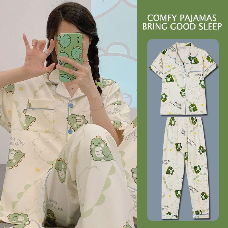 Japanese Kitty Cat Pajamas Women's Summer Thin Short-sleeved Trousers Loose Plus Size Girl Raw Loungewear Set