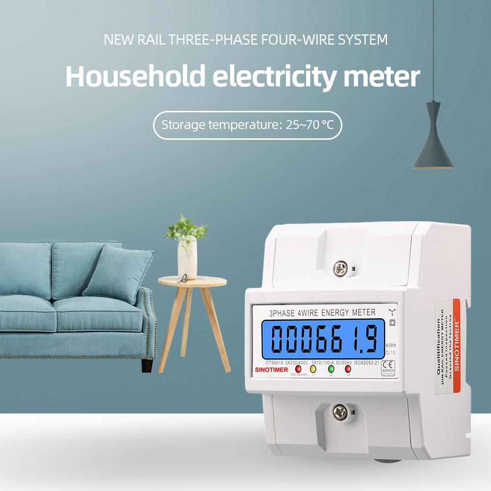 Electric Energy Meter Three Phase LCD Digital Display DIN Rail Mounting 4- Wires Electric Meter Wattmeter AC 3*230/400V 50Hz