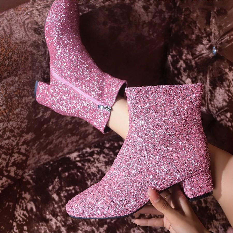 Boots Women Christmas Glitter Zipper Chunky Heel Ankle Boot Sequins Round Toe Chunky Heels Ankle Boots Party Shoes for Women