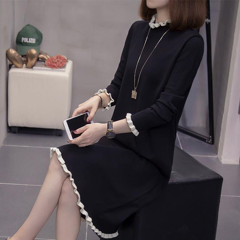 

Plus Size Women s Knit Dress: Autumn/Winter Tummy Concealing Slimming Mid-Length Sweater Dress XL (suggested 110-130 lbs) чорний