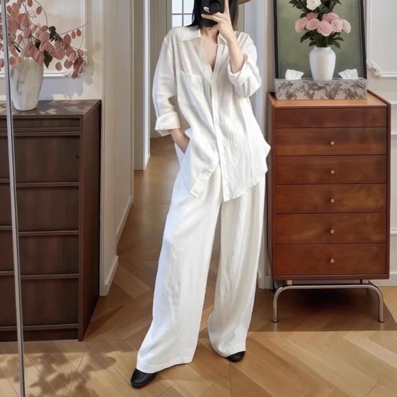 

Женский весенне-летний комплект из льняной рубашки и брюк - Повседневный, Стильный, Защита от солнца X-Large