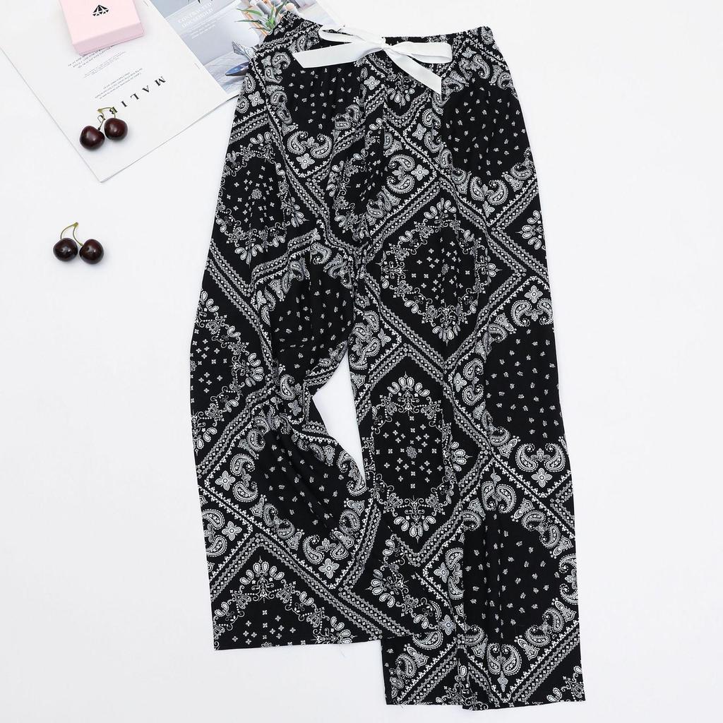 Women's Cotton-Silk Cartoon Pajama Pants, Summer Thin, Black & White Wide-Leg, Plus Size, Outdoor Beach Wear.