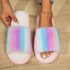 Fashion Fashion Cotton Slippers Mix Color Fur Slippers Women 2025 Open Toe Flat Heel Warm House Slippers Woman Lightweight Indoor Slides