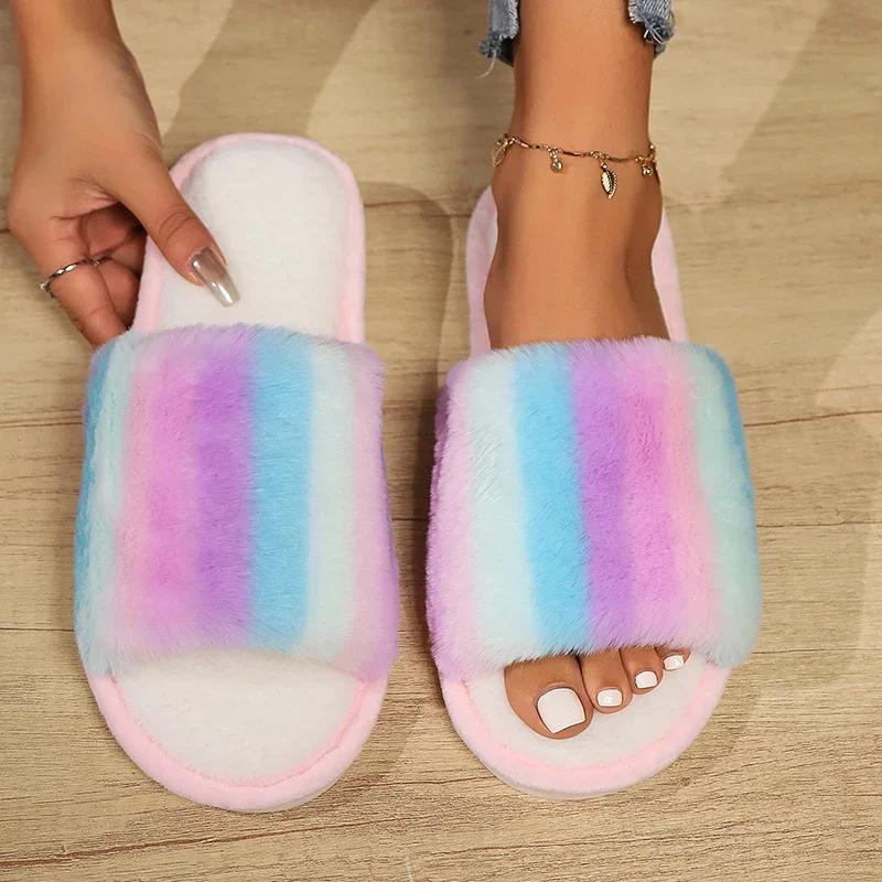 Fashion Fashion Cotton Slippers Mix Color Fur Slippers Women 2025 Open Toe Flat Heel Warm House Slippers Woman Lightweight Indoor Slides