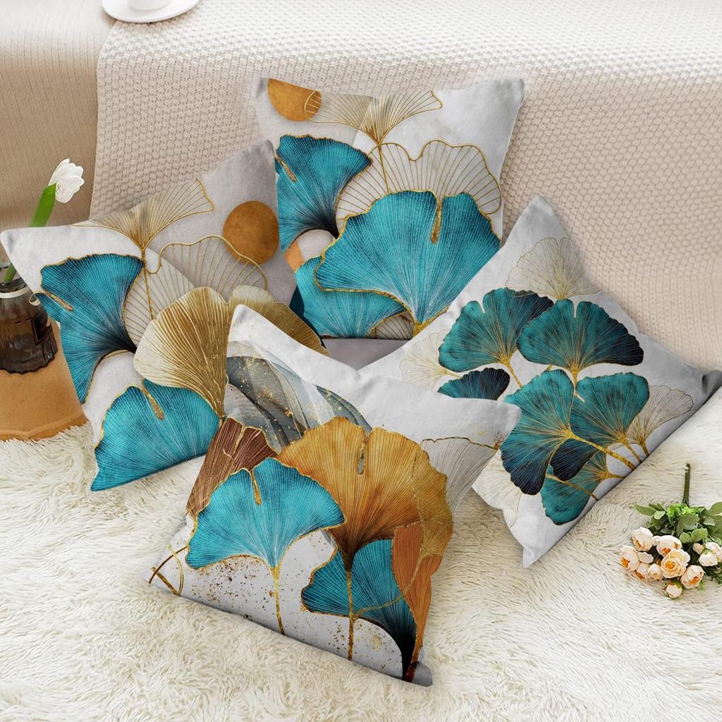 4Pcs Teal Gold Ginkgo Leaf Printed Pillow Cover Polyester Cushion Case 2D Flat Printing Pillowcase Luxury Home Decor Art Style