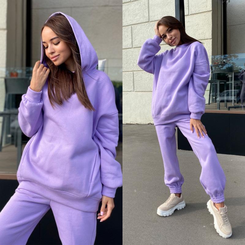 2024 Trendy Solid Color Hooded Sweatshirt & Casual Two-Piece Set for Autumn/Winter