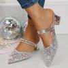 Gold Breathable Lace Strap Mules Slippers Women 2025 Summer Pointed Toe Medium Heel Slip On Sandals Silver Party Sandals