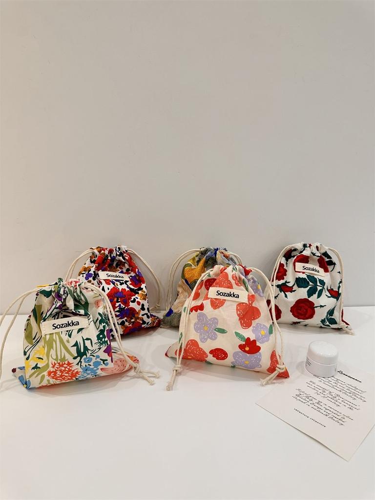 Stylish Japanese Portable Makeup Bag Floral Canvas Drawstring Cosmetic Pouch For Women