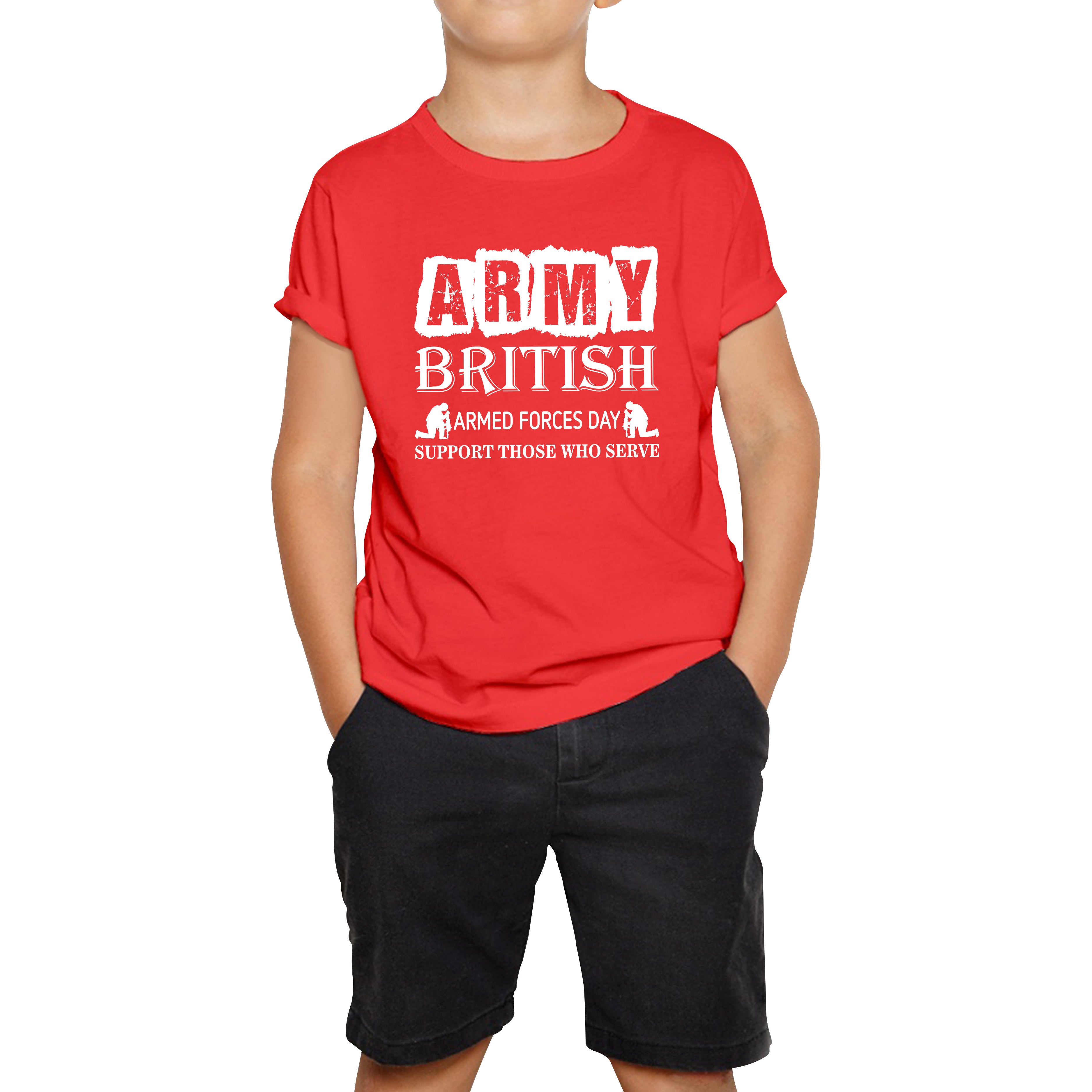 

Army British Armed Forces Day Support Those Who Serve Lest We Forget Remembrance Day Veterans Day Poppy Flower Kids Tee 160