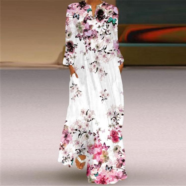 Summer Fashion Dress Casual Loose Vacation V Neck Print Women's Beach Long