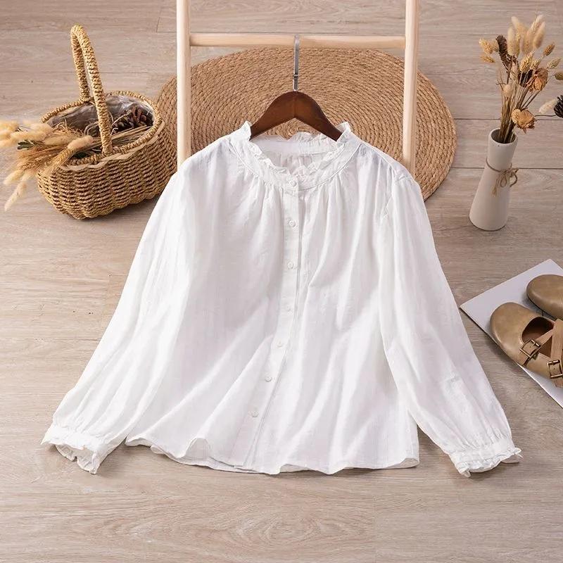 Women S French Ruffled Long Sleeve Cotton Shirt Blouse Casual Top M