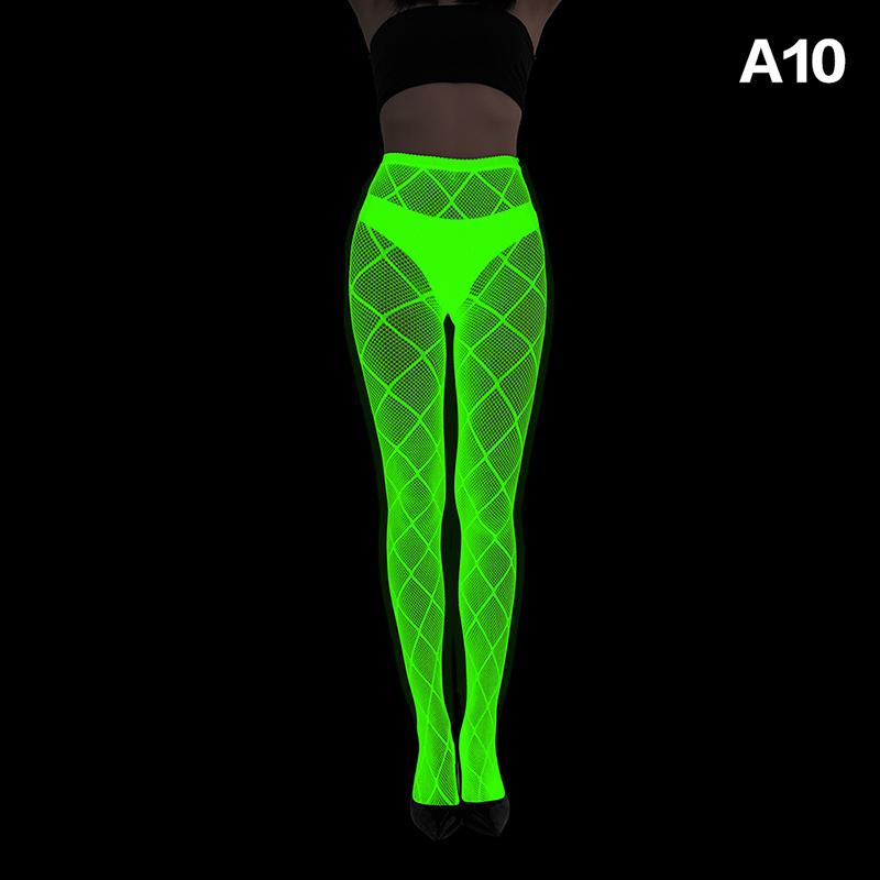 Glow In The Dark Fishnet Stockings Mesh Hollow Luminous Base Socks Shiny Pantyhose Tights Women Sexy Print Noctilucent Stocking