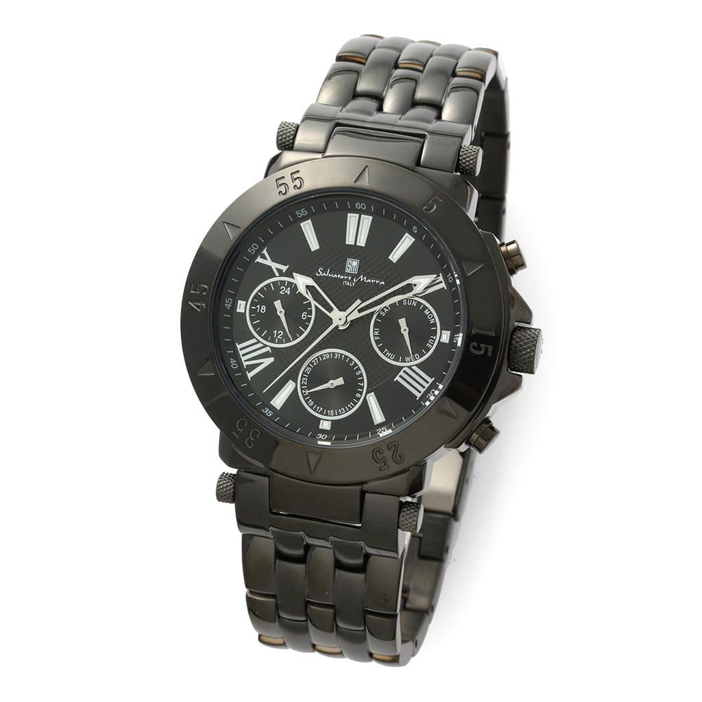 Authentic Salvatore Marra Wristwatch SM22108-BKBK, 10 ATM Water Resistant, Date and Day Display, Metal Strap, BKBK