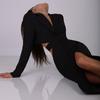 Women's Solid Cutout Waist Notched Lapel Single Breasted Long Sleeve Bodycon Blazer Maxi Dress