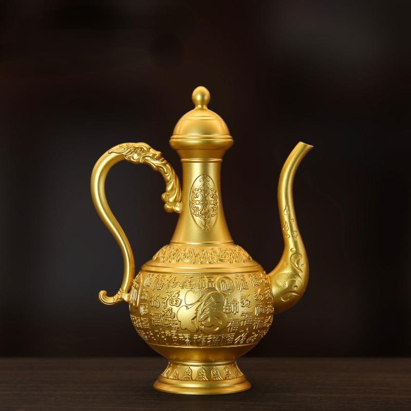 Chiński czysty miedziany garnek do wina z mosiądzu, reliefowy garnek do wina Baifu, starożytny staromodny styl gospodarstwa domowego, styl pałacowy, ozdoba