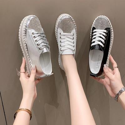 Fashion Plus Size 44 Women's Platform Sneakers Crystal-edged Thick-soled Small White Shoes Comfortable Versatile Lace-up Vulcanized Shoe