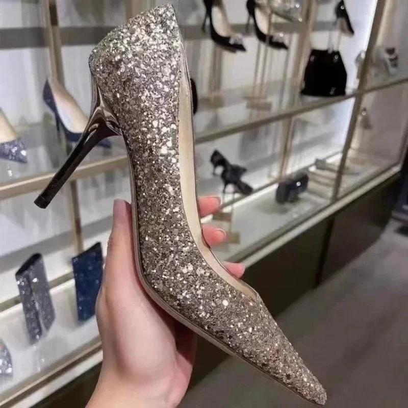 High Heels Women Wedding Shoes Bride Gold Heels Luxury Designer Elegant Party Sandals Dress Banquet Sequins Sandalias De Tacón