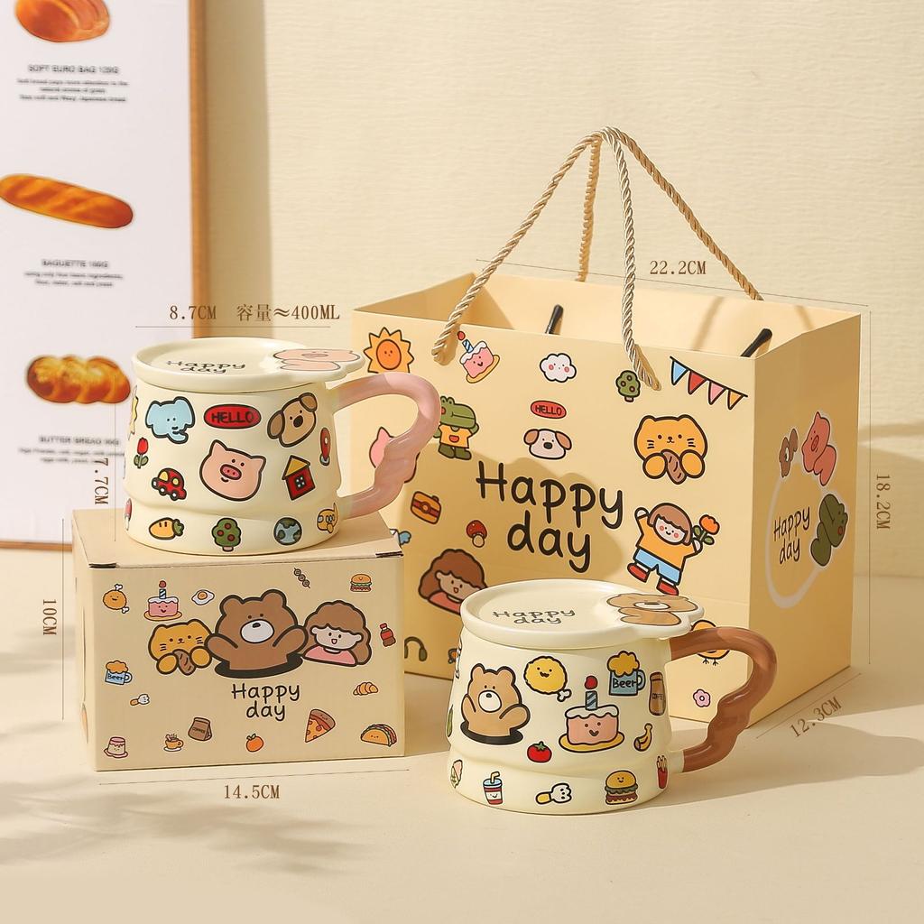 Children's fun, cute graffiti ceramic mug with lid, birthday gift, household drinking water, high-value water cup, souvenir gift girl