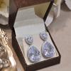Round Top Halo + Big Pear Cut Center Cubic Zirconia Dangle Earrings Full Pave Frame Silver Tone Formal Banquet Ladies Accessories