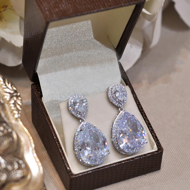 Round Top Halo + Big Pear Cut Center Cubic Zirconia Dangle Earrings Full Pave Frame Silver Tone Formal Banquet Ladies Accessories