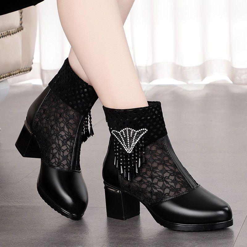 Rhinestones Mesh Hollow Breathable With Medium Heels Women's Sandals Sales 2025 Luxury Summer Offers Comfortable Ladies Shoes