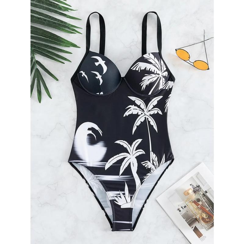 2025 Tropical Print Push Up Swimsuit Women One Piece High Cut Swimwear Female Bathers Bathing Swimming Suit Beachwear Monokini