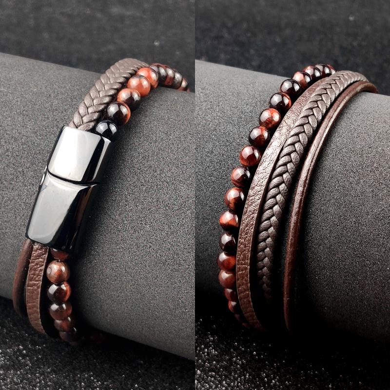 Men Bracelet Rope Stainless Steel Magnetic Natural Stone Leather Beaded Braclet Volcanic Stone bracelet bangles Chain Gift