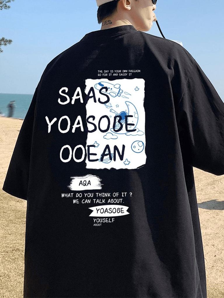 Mens Black Pattern TShirt Summer Top Machine Washable Casual Street Style Loose Version Philosophical Text Design Short