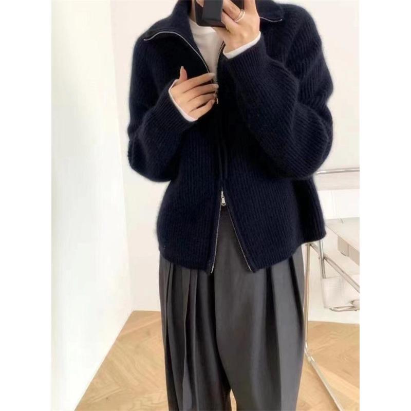 Spring and Autumn Women's Solid Color Standing Collar Double Head Zipper Soft Sticky Sweater Jacket Women Lazy Knitted Cardigan