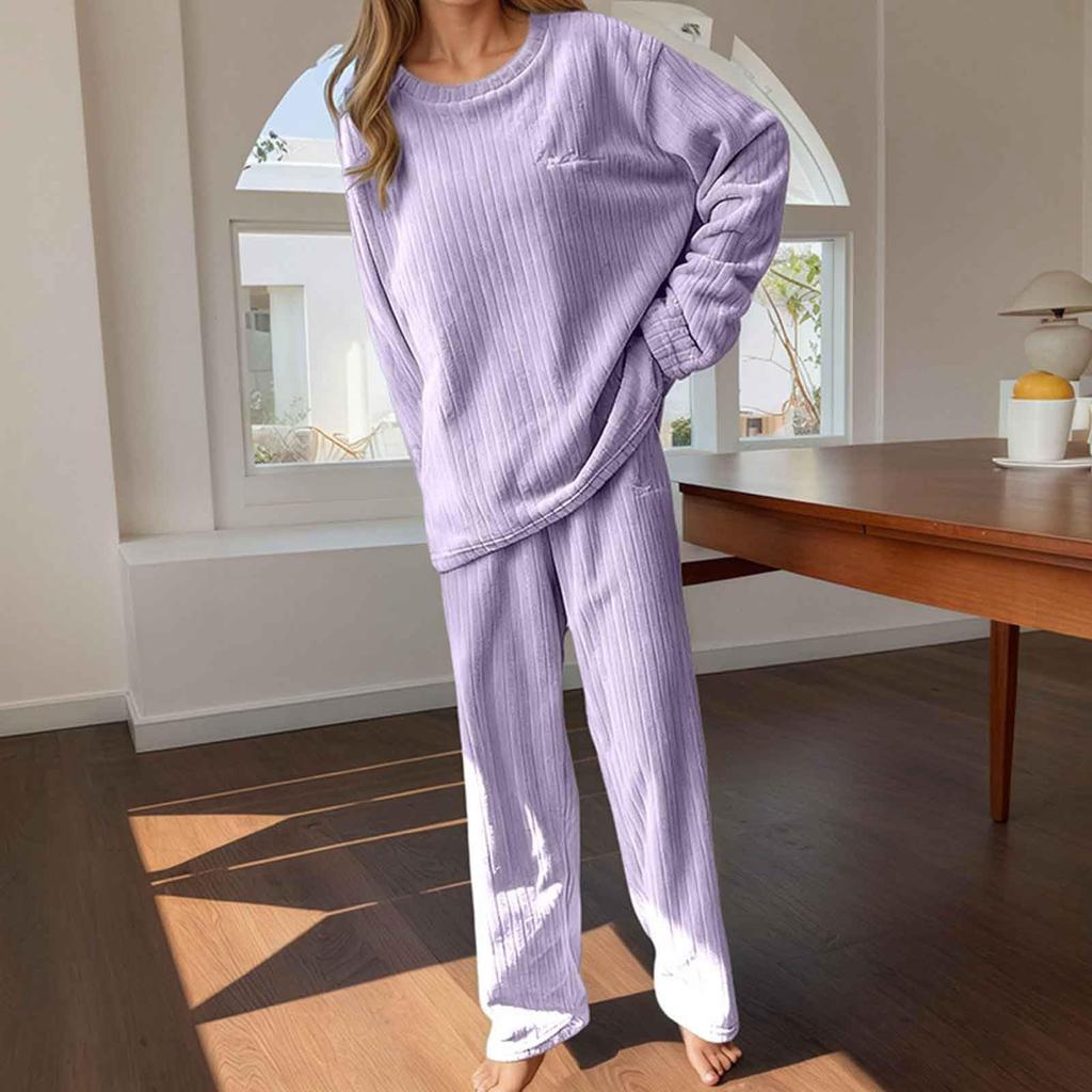 Women Set Long Sleeve Lounging Warm Fleece Sleepwear Winter High Elastic Crewneck Loungewear Sets