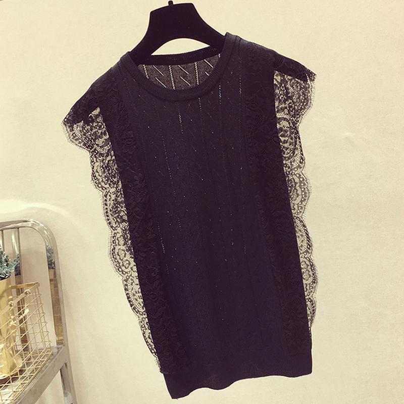 

Модный летний кружевной безрукавный черный белый вязаный жилет без рукавов женский тонкий трикотажный топ с круглым вырезом жилет JJ08 One Size чёрный