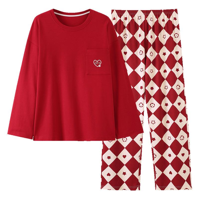 Women's Double-Sided Cotton Pajama Set with Chest Pads - Round Neck, Long Sleeve, Long Pants Pullover Style