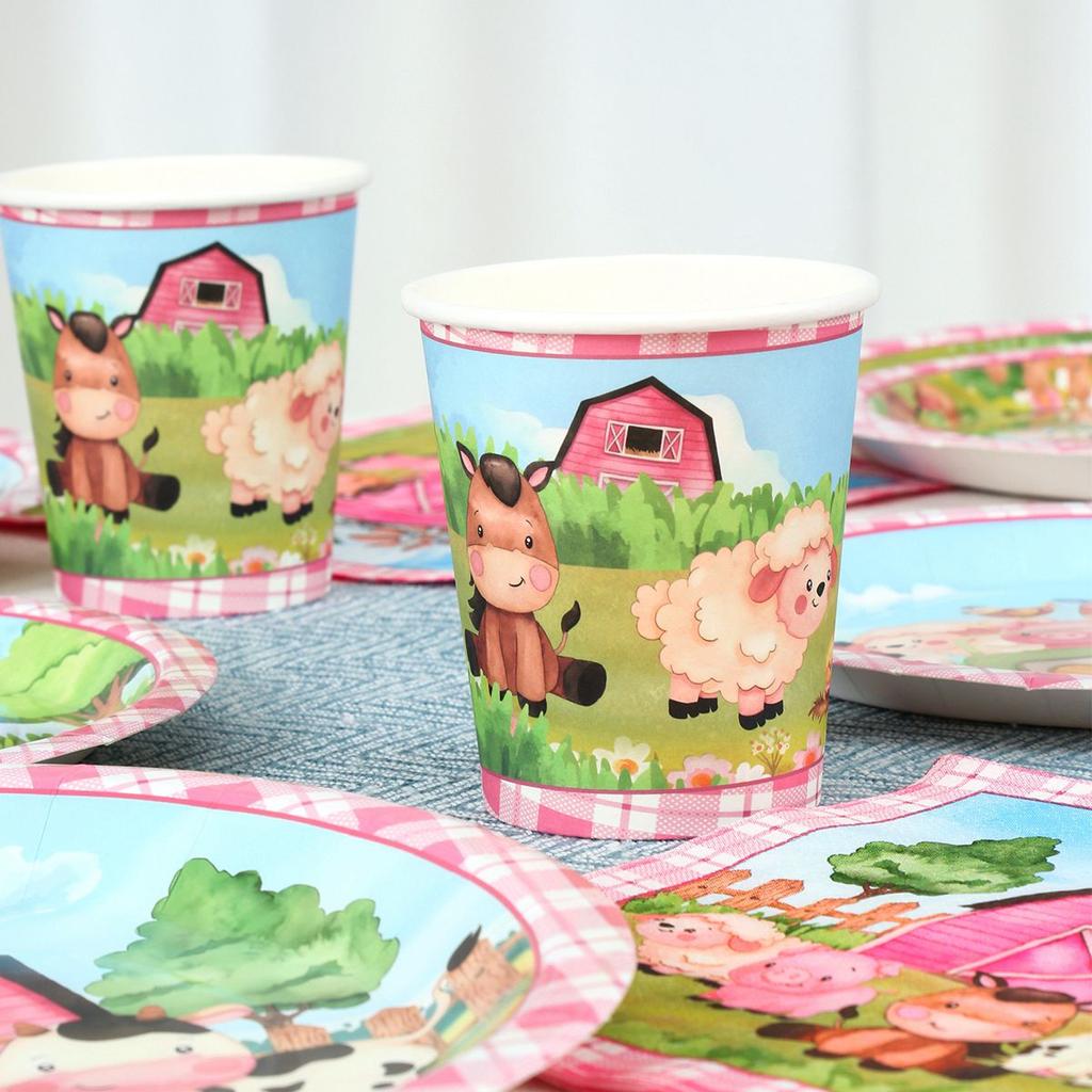 Pink Farm Party Birthday Decorations Disposable Tableware Paper Plates Cups Napkin Baby Shower Kids Girls Birthday Party Decor