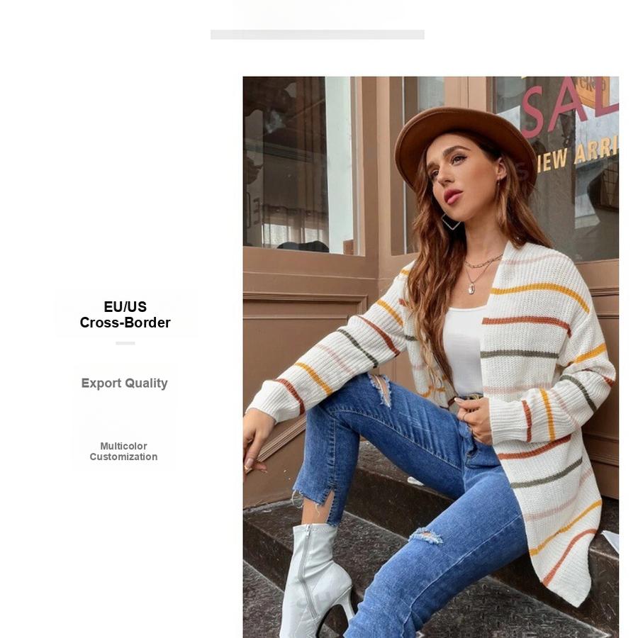 Over Size Striped Long Sleeve Cardigan Coat for Women Autumn Winter Casual Workwear