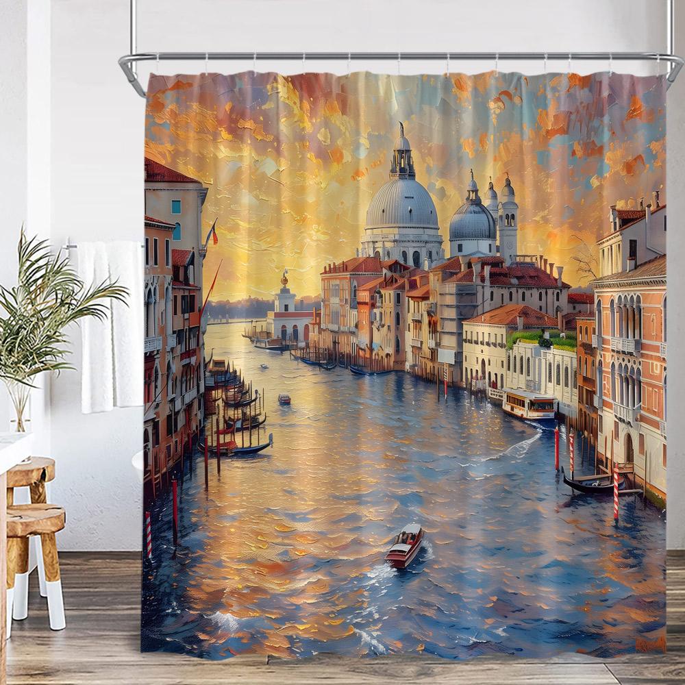 Griechische Stadtlandschaft Ölgemälde Duschvorhang Venedig Italien Straßenansicht Europäische Landschaft Badezimmer Dekor Polyester Badvorhang