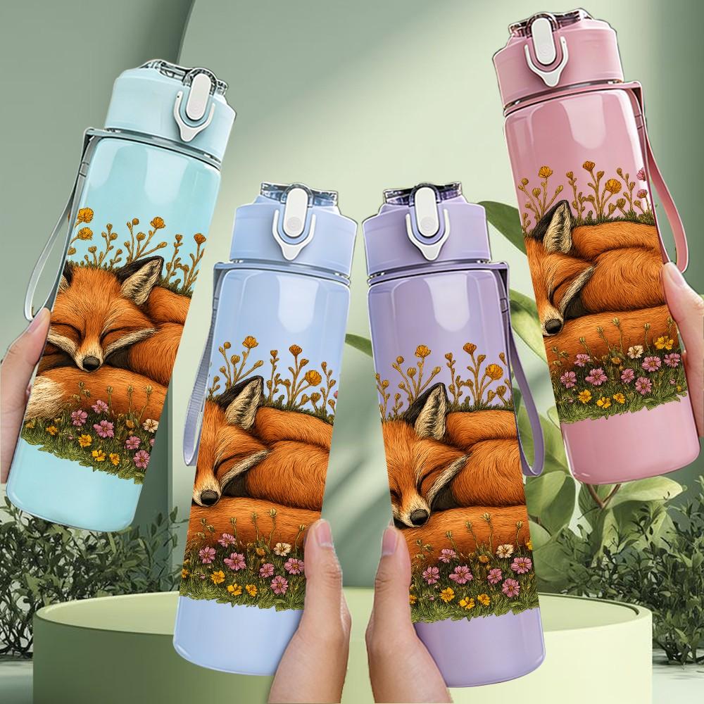 1PC Wild Flower Sleeping Fox 750ml Color Plastic Sports Water Bottle Leakproof Flip Straw Lid Suitable for Sports Office Home Use