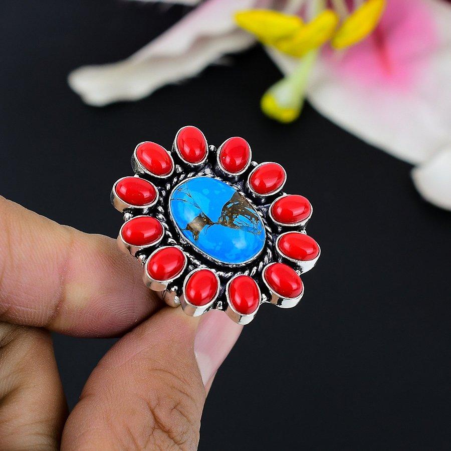 

Copper Blue Turquoise, Coral 925 Sterling Silver Jewelry Ring Size 8 KG-142