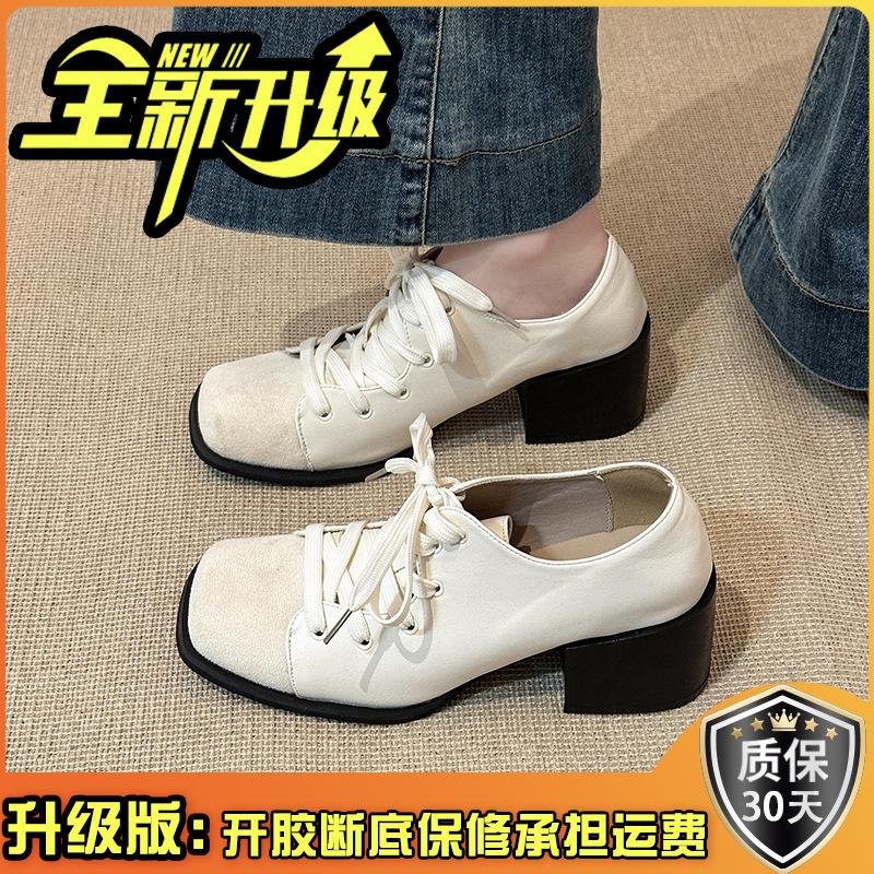 Retro lace-up thick-heeled loafers shoes autumn and winter design sense fashion temperament women's high-heeled Mary Jane single shoes