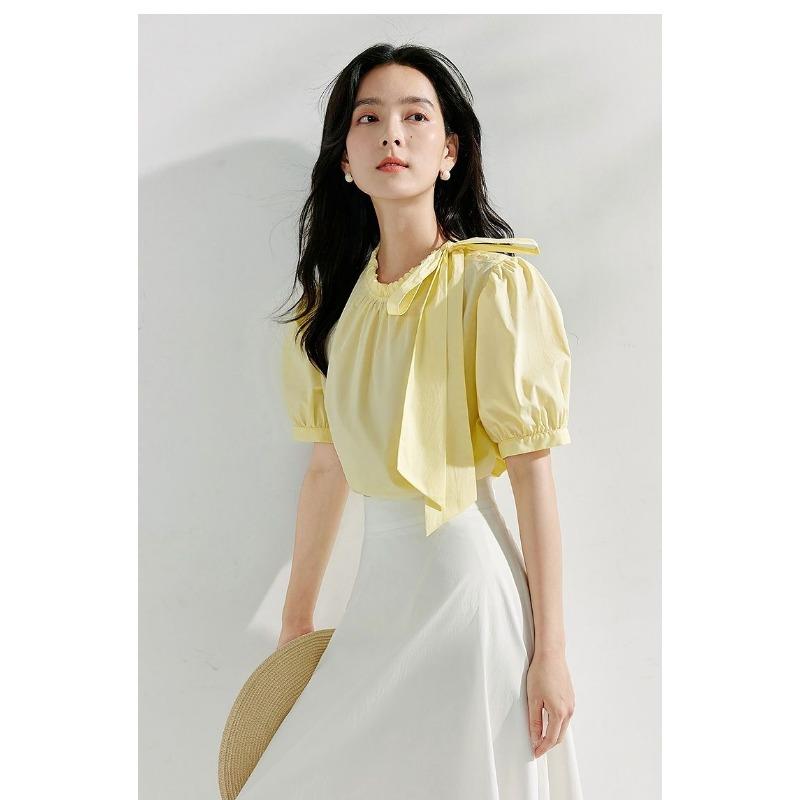 Sommer Damen Neuer Stil Französischer Chic Schnürung Puffärmel Locker Schlankes Hemd