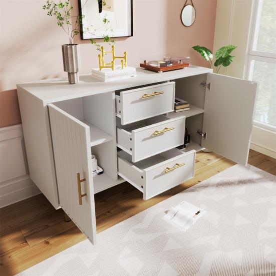Makeup Desk Dressing Table with 2 Drawers Golden Handle Decorative Ribs Metal Frame Modern White Easy Assembly Bedroom Side Narrow Console Vanity