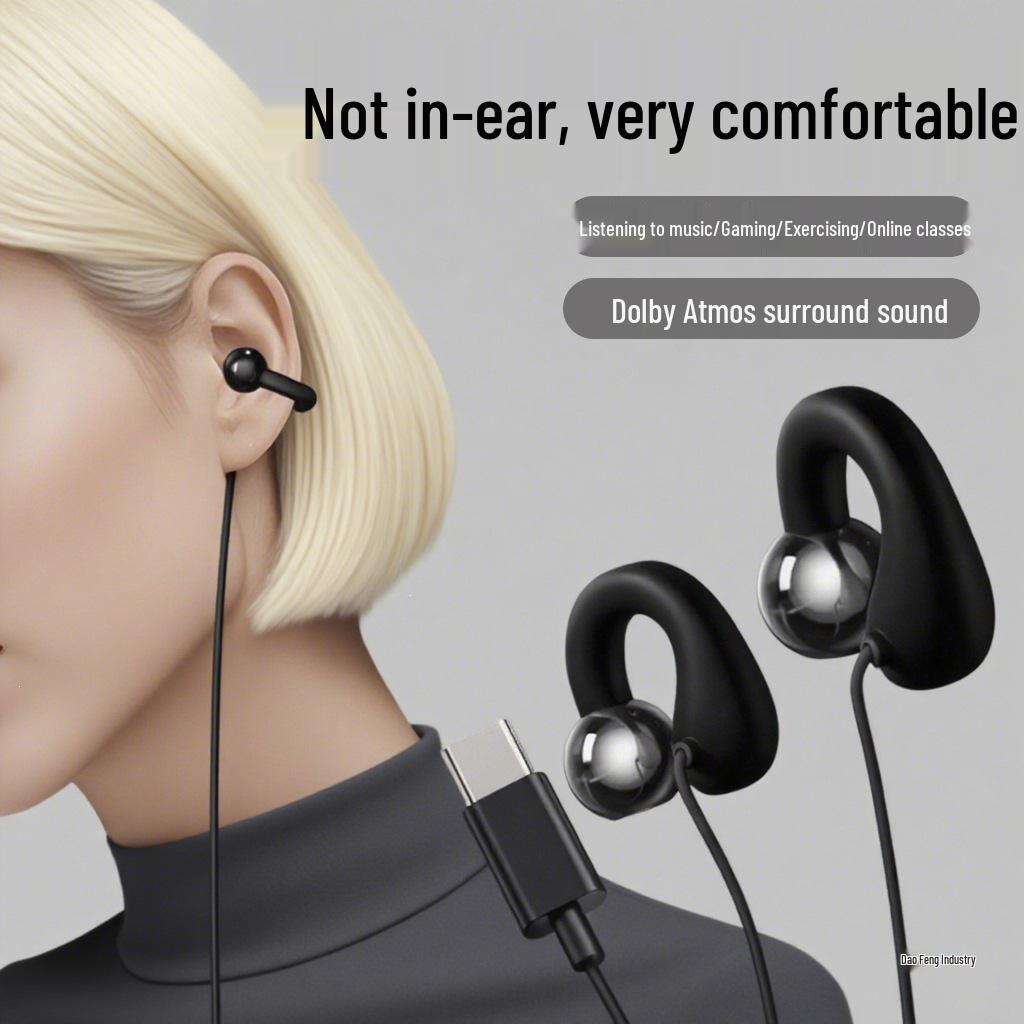 Bone Conduction Wired Earphones with Type-C and 3.5mm Connectors, Ear Clip Design, Wired Control Microphone, Ideal for Gaming