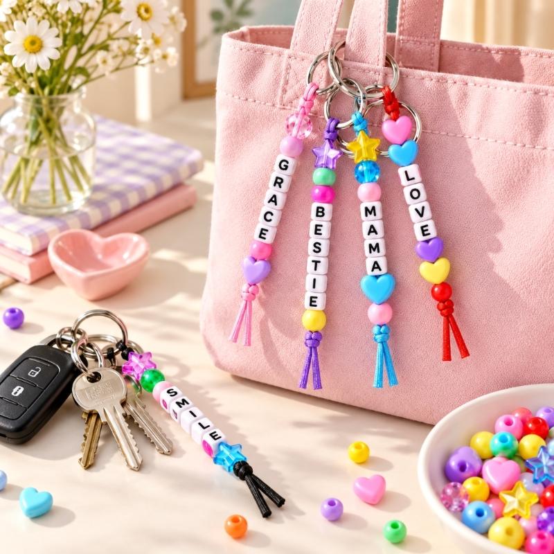 DIY Beaded Keychain Craft Kit, 566-Piece Set with Letter Beads, Cords and Metal Key Rings for Personalized Name Designs