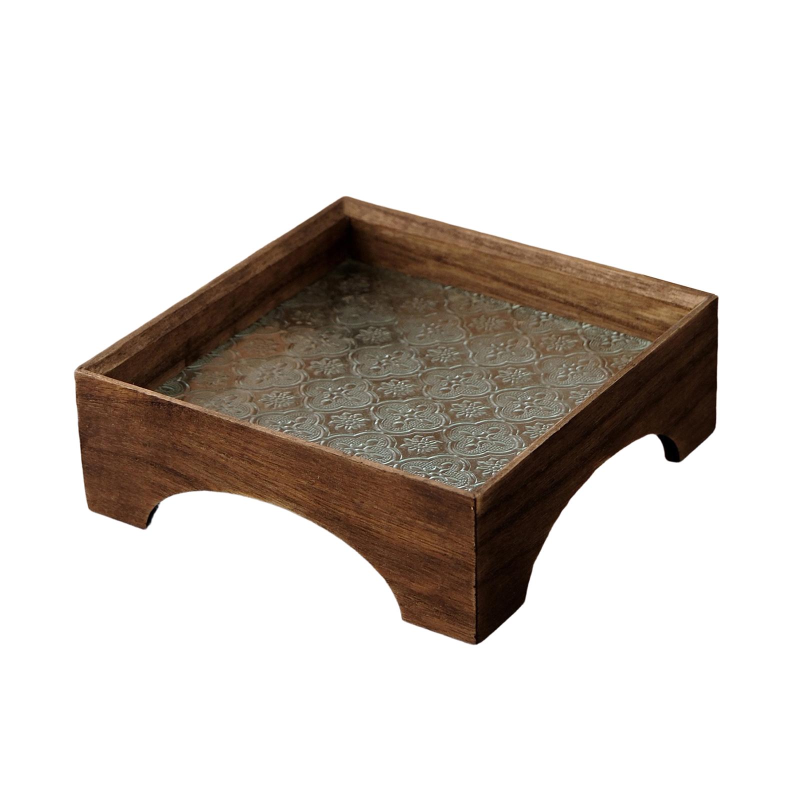 

Serving Tray Home Decorative Rustic Candle Tray Kitchen Multiuse Vanity Tray Dried Fruit Dessert Tray Wood and Embossment Glass