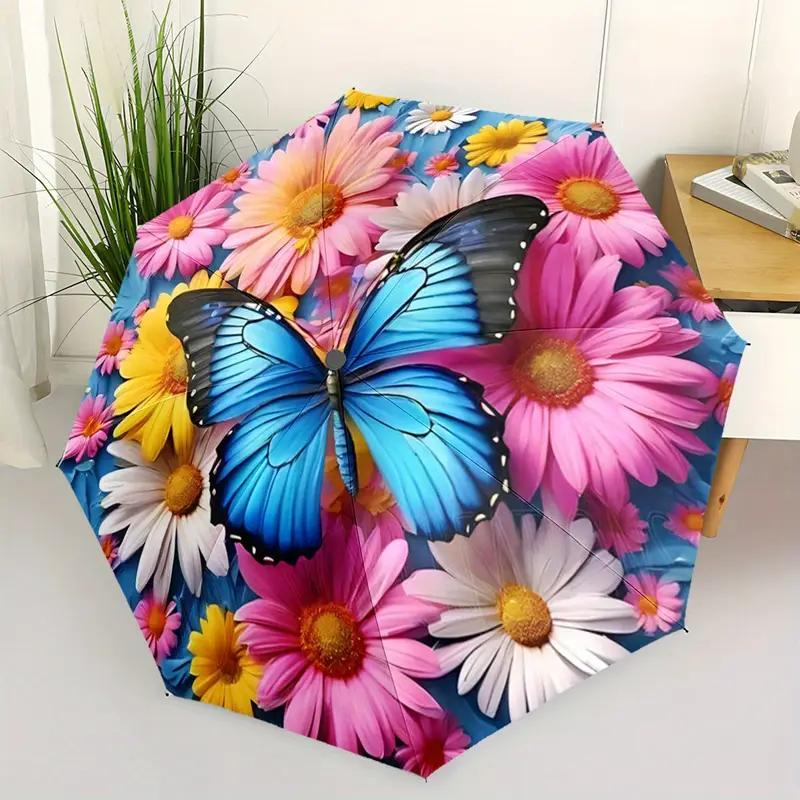 Large Blue Butterfly and Colorful Sunflower Automatic Folding Umbrella, Portable Foldable Design with 8 Ribs Durable Frame for