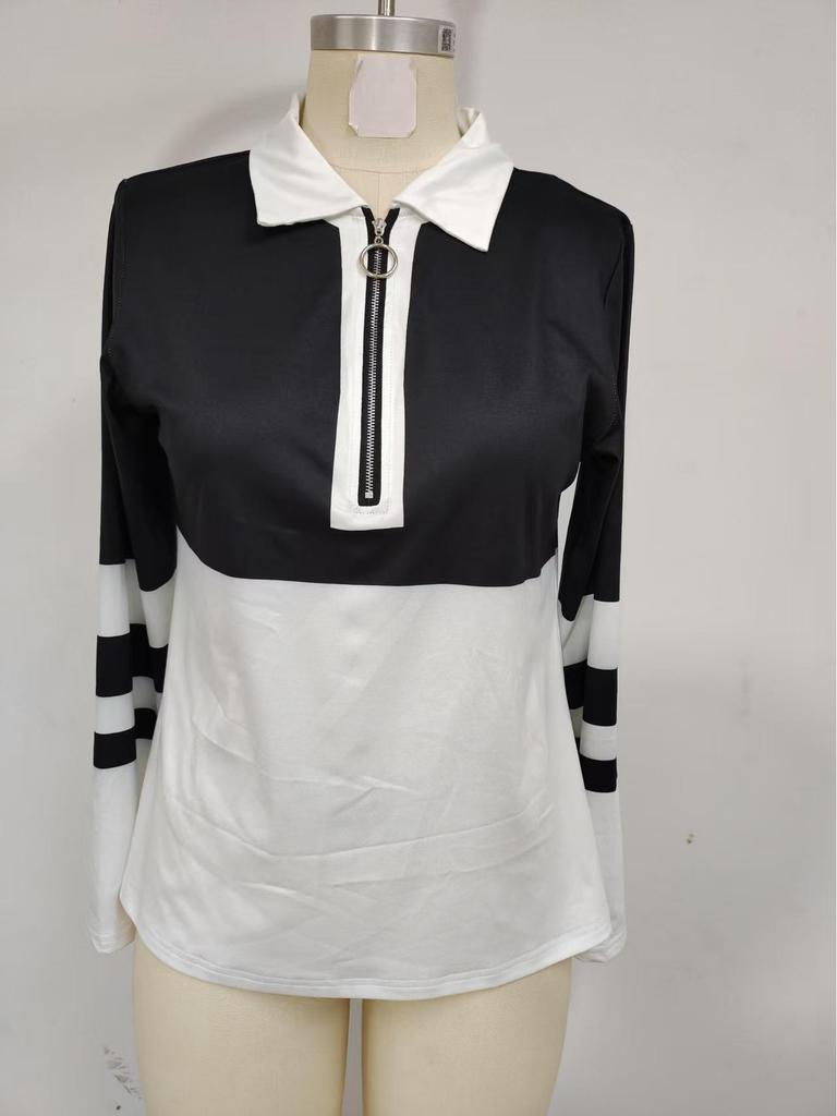 2025 Women's Spring/Summer Fashion Casual Print Turn-Down Collar Zipper Long Sleeve T-shirt