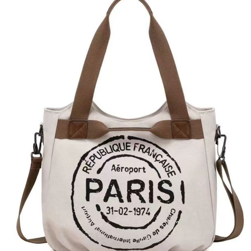 Women’s Canvas Tote Bag Large Capacity Shoulder Bag Fashion Paris Print Handbag Casual Crossbody Bag Portable Travel Shopping Tote Purse