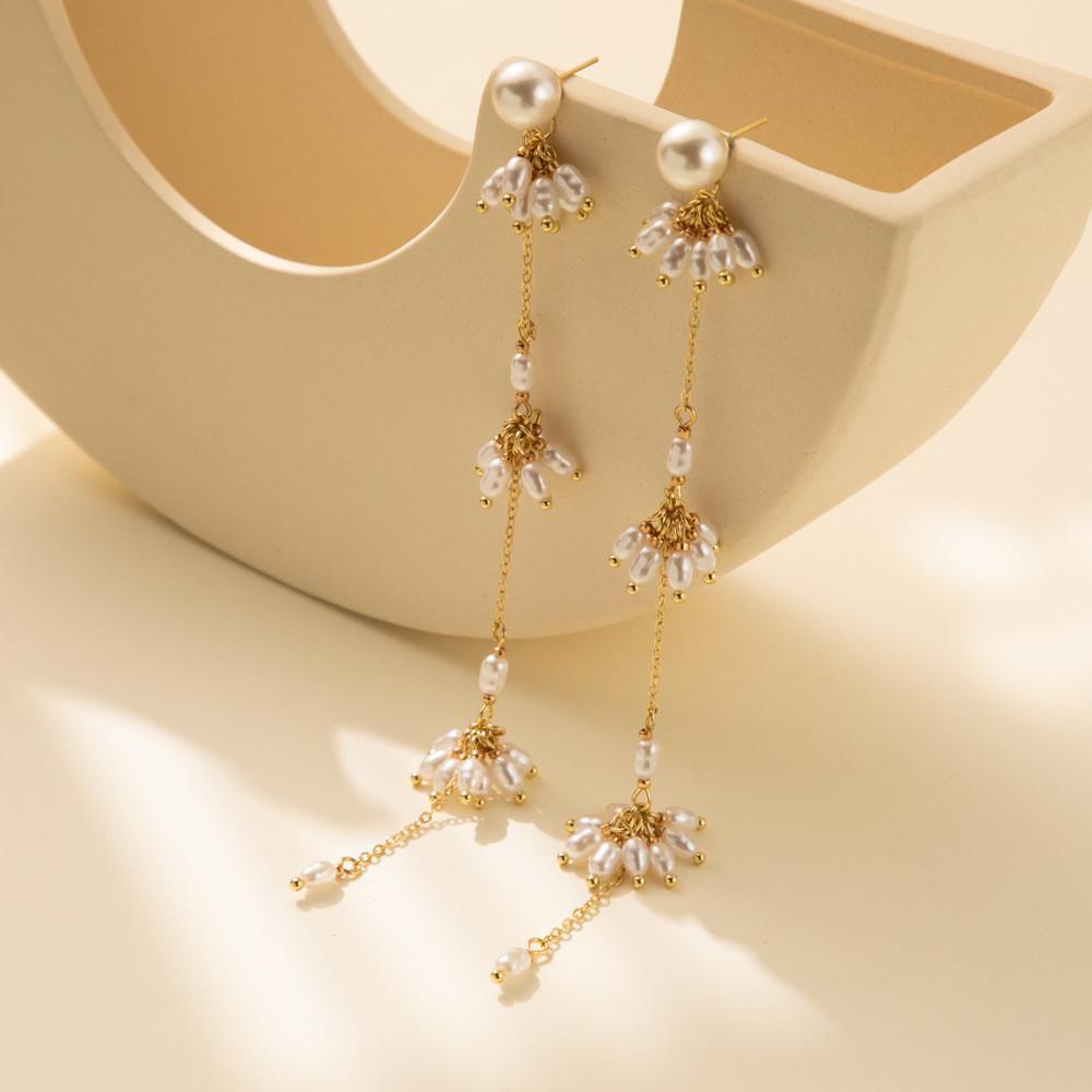 Gold Plated Modern Geometric Earrings With Tassel And Chain Details